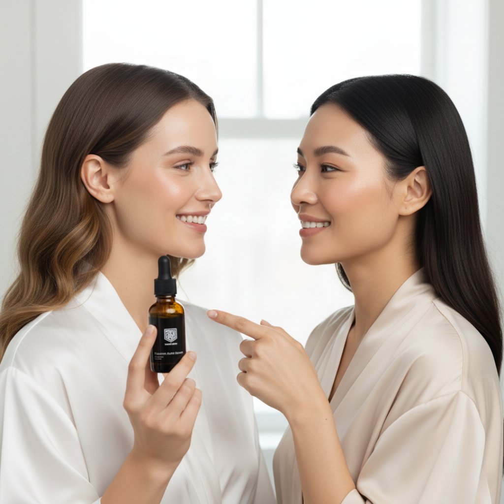 two women in robes are smiling and talking to each other about Hyaluronic acid serum