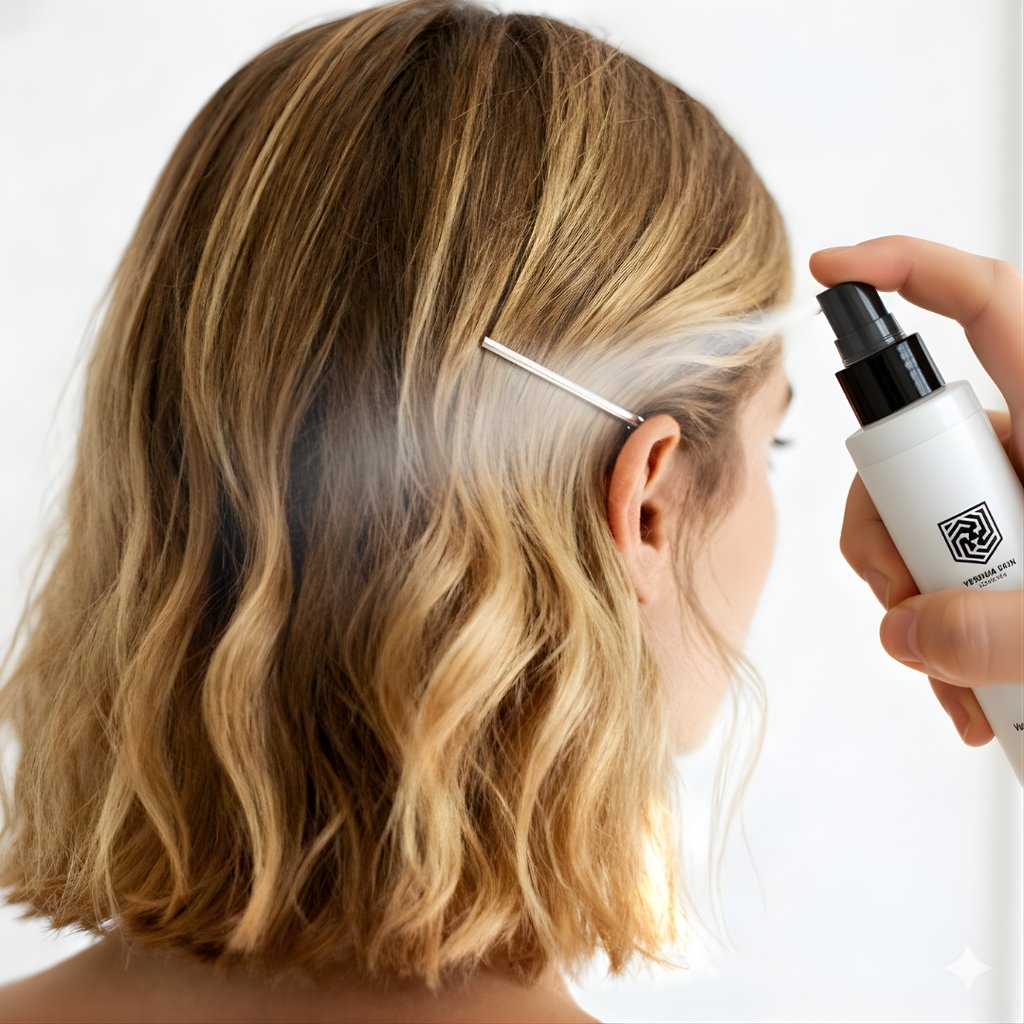 A person applying hair spray mist to a blonde wavy bob hairstyle for texture and hold.