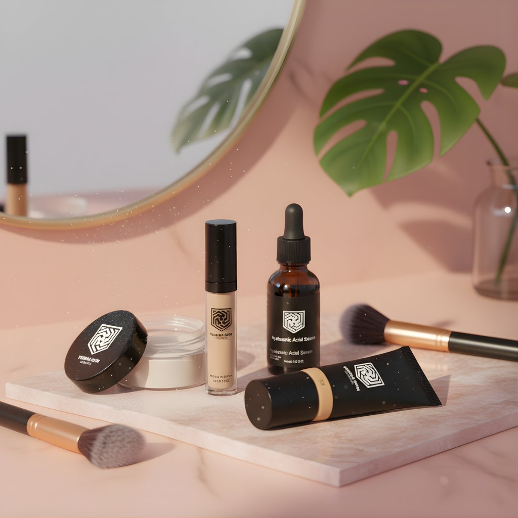 YESHUA Skin Cosmetics beauty product display featuring concealer, setting powder, hyaluronic acid se