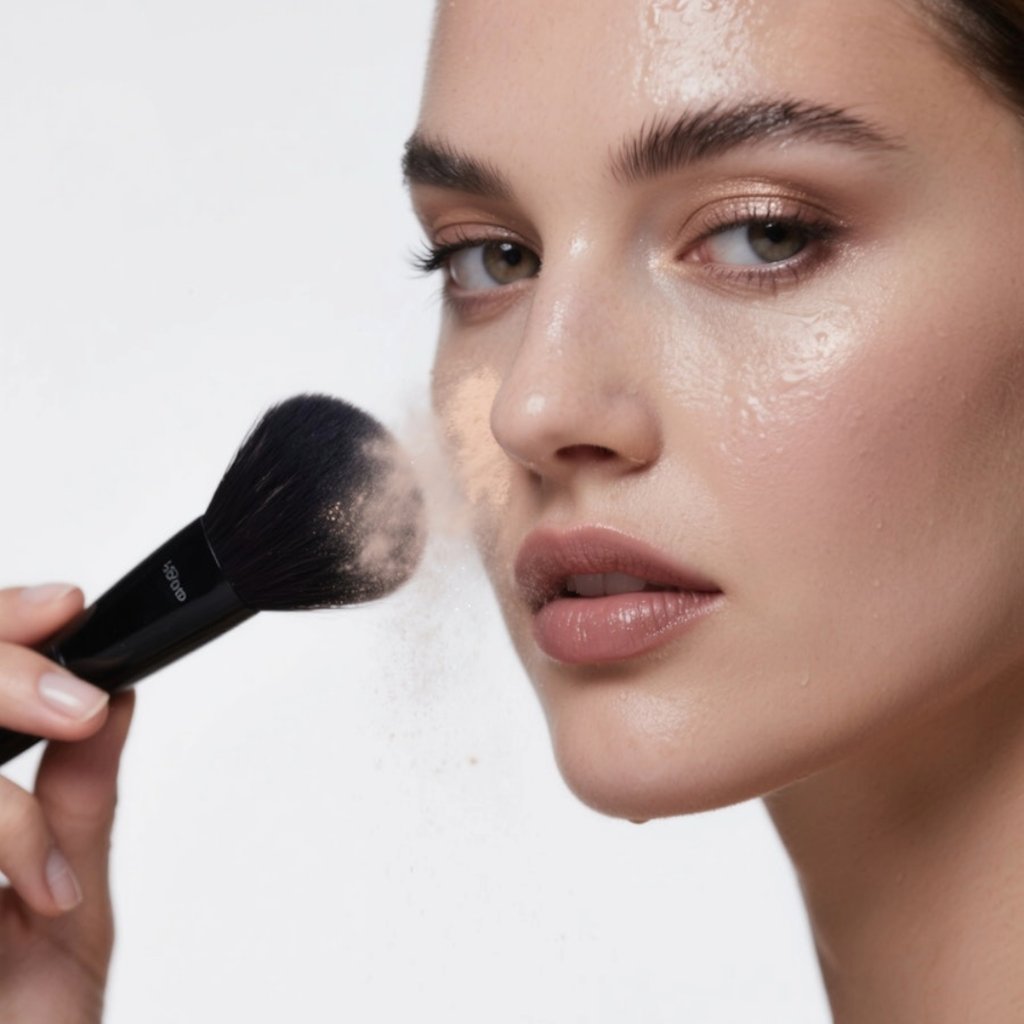 A woman applying setting powder with a large black makeup brush to her glowing face.