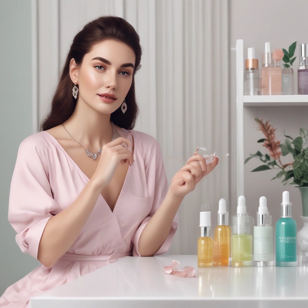 A neatly arranged collection of luxury skincare products placed inside an elegant white leather bag. The items are set against a backdrop of fashion magazines on a wooden surface, giving a sense of sophistication and style.