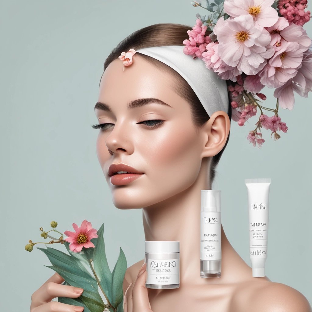 A collection of cosmetic and skincare products laid out on a white surface. These include facial masks, creams, and serums from various brands. The items are casually arranged, with some still in their packaging. The scene includes both rectangular and cylindrical packages with colorful labels.