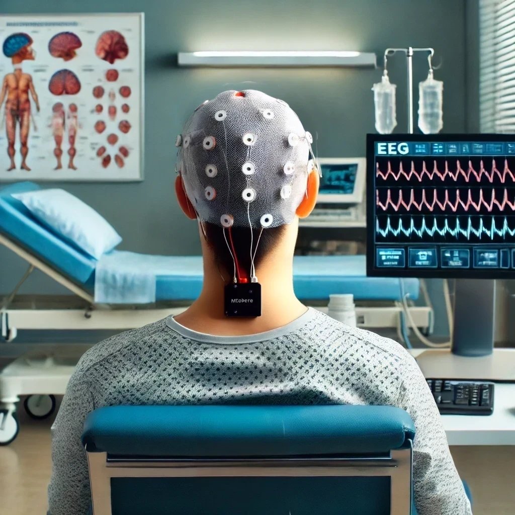 a person with a EEG cap on a chair