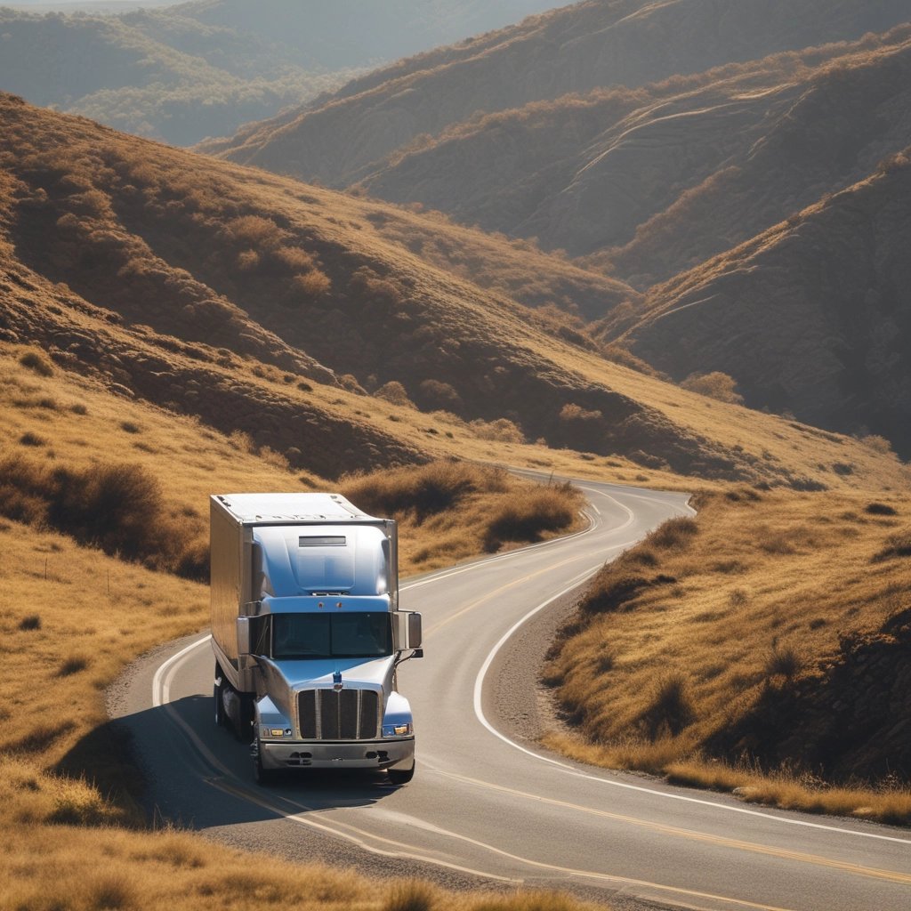 A large blue semi-truck with a long flatbed trailer travels on a wet road. The trailer is carrying white, bagged cargo. The surroundings are vibrant with autumn foliage and the sky is overcast, giving a moody yet serene atmosphere with hints of sunshine breaking through.