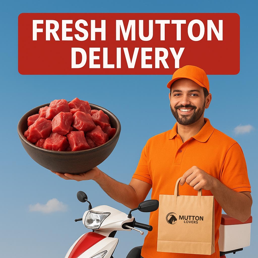 Delivery person holding Mutton Lovers App bag – fresh goat mutton delivery in Hyderabad.
