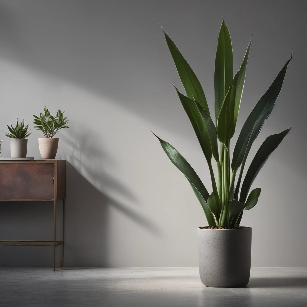 Planta Serpiente (Sansevieria) alta en una maceta de hormigón