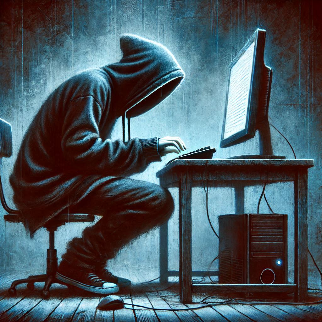 Uma pessoa de casaco e capuz, com rosto encoberto, digita em um computador em uma sala sombria.