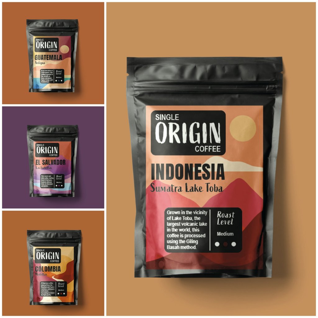 Eco-friendly packaging design for Single Origin Coffee with vibrant branding elements.