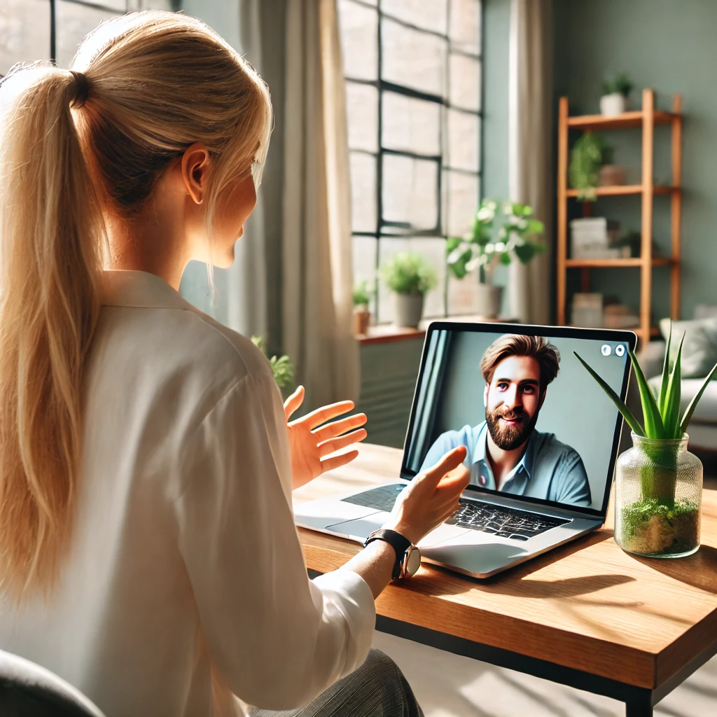 Frau sitzt vor Laptop auf dem ein Psychotherapeut zu sehen ist und macht eine online Psychotherapie