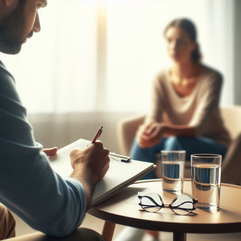 Ein Mann macht Notizen auf einem Block während einer Psychotherapiesitzung eine Frau sitzt gegenüber