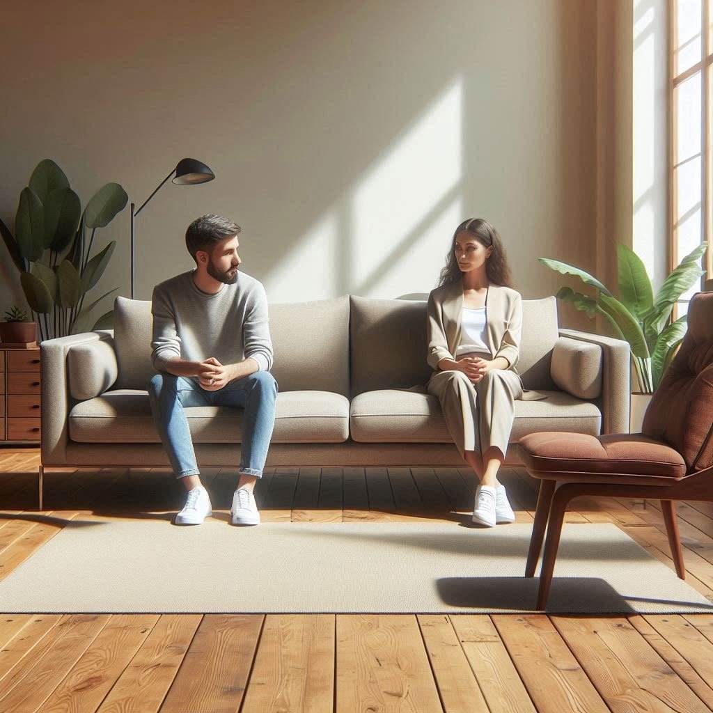 Ein paar sitzt auf einer Couch in einem Therapieraum