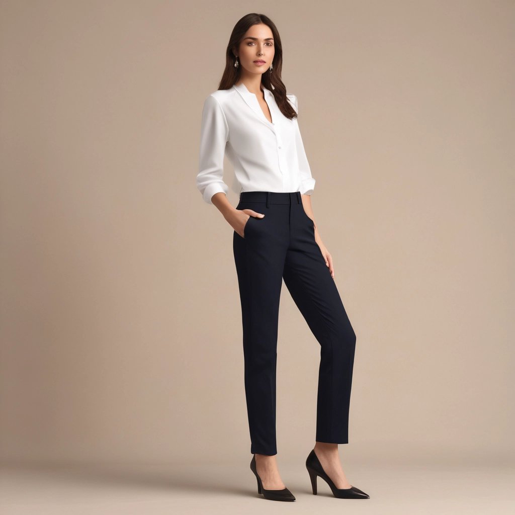 a woman in a white shirt and black pants