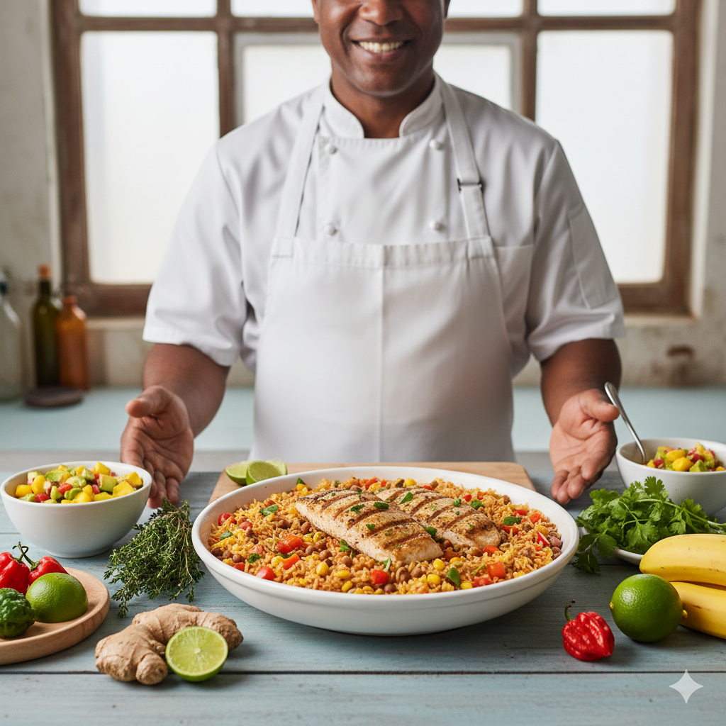 a chef in a white shirt and a bowl of food