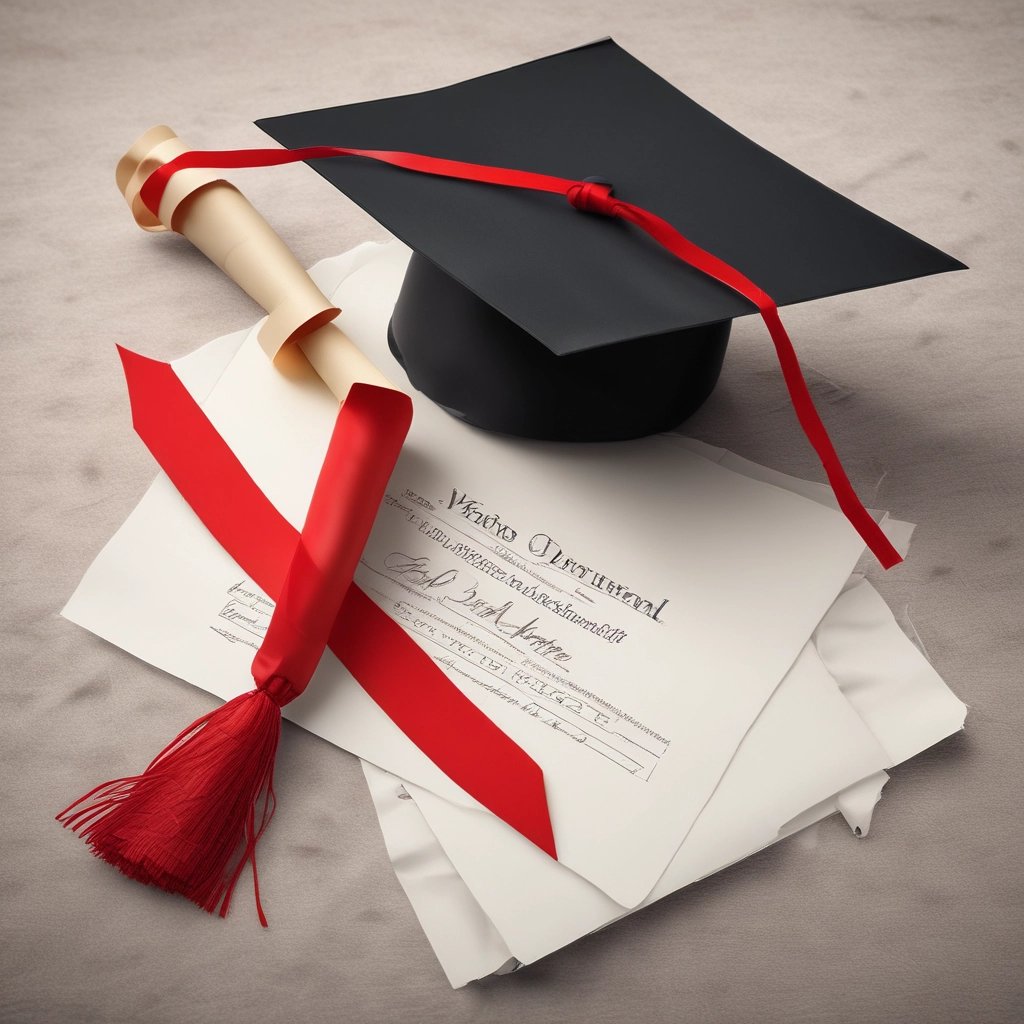 a graduation cap and a green tassel on a piece of wood