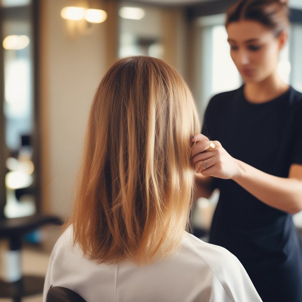 A barbershop or salon setting with black leather chairs and mirrors. The interior features a modern design with sleek lines and minimalist décor, including glass shelves and dark wooden cabinets. The room appears tidy and well-organized, creating a professional and upscale atmosphere.