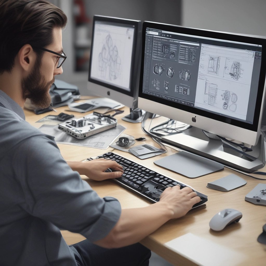 A person is working in an industrial setting, wearing a blue shirt with orange lettering on the back. There are multiple pipes and tubes connected to machinery. The room features industrial equipment like control panels with digital displays and a yellow caution sign. The walls are lined and there's a window draped with fabric.