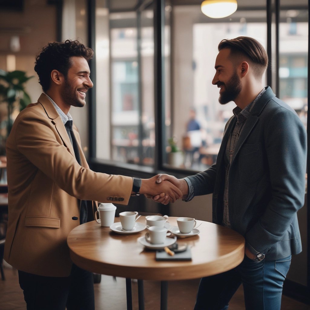 two men shaking hands in a cafe