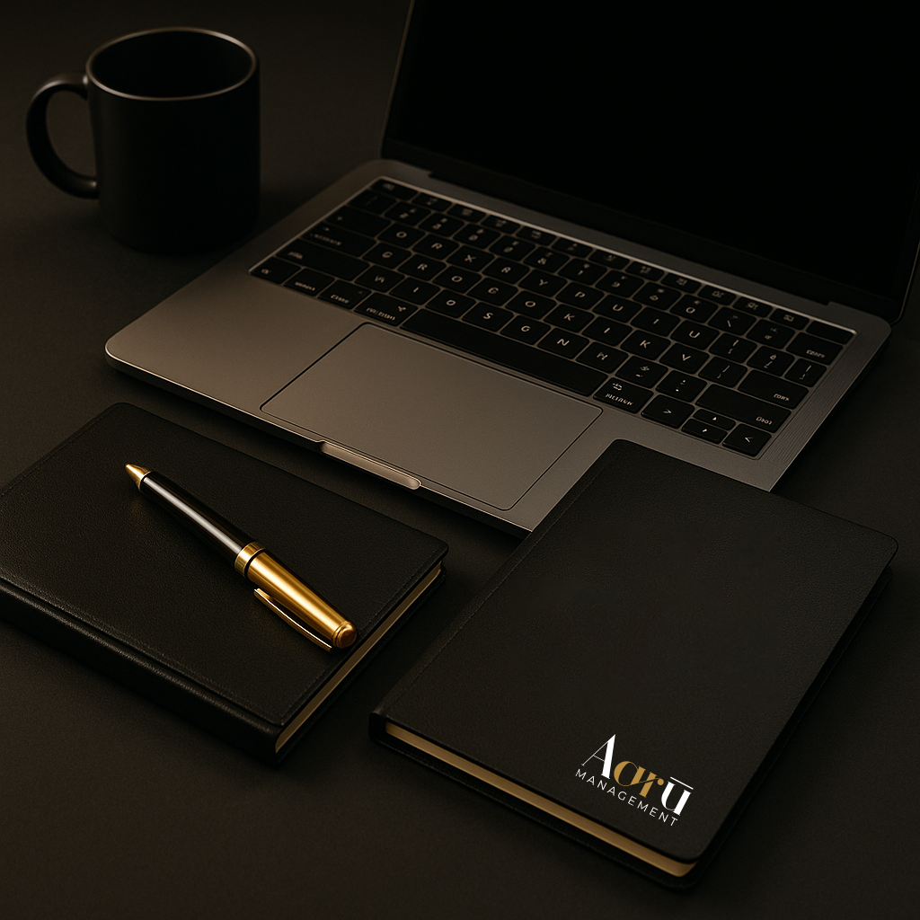 Aaru notebook and pen beside laptop