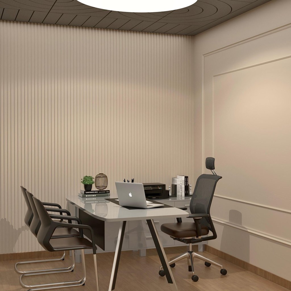 3D-rendered modern office with glass desk, ergonomic chair, and ambient lighting–by SketchyCAD.