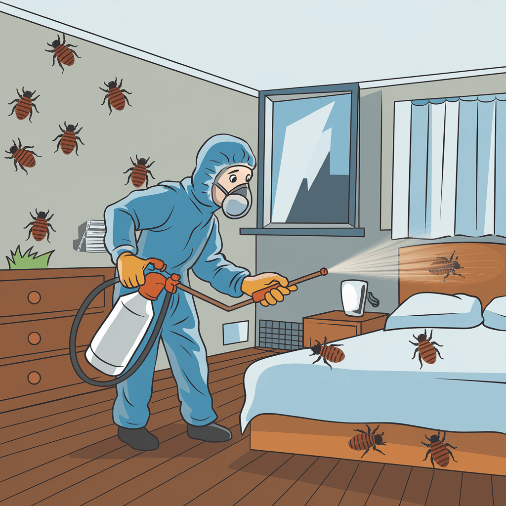 man spraying Ortho home defense bug spray to kill bed bugs