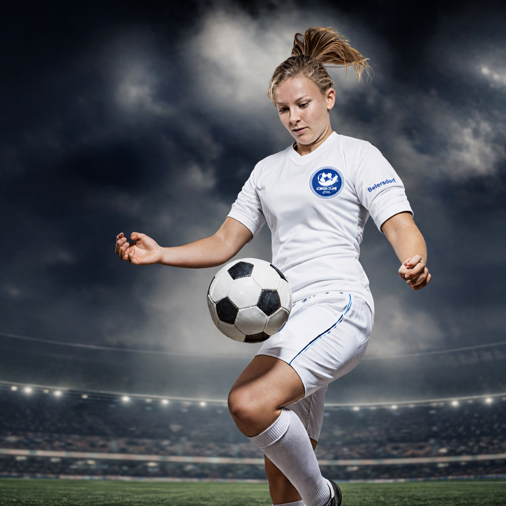 Female soccer player in a white uniform juggling a ball in a large stadium under a dark sky.