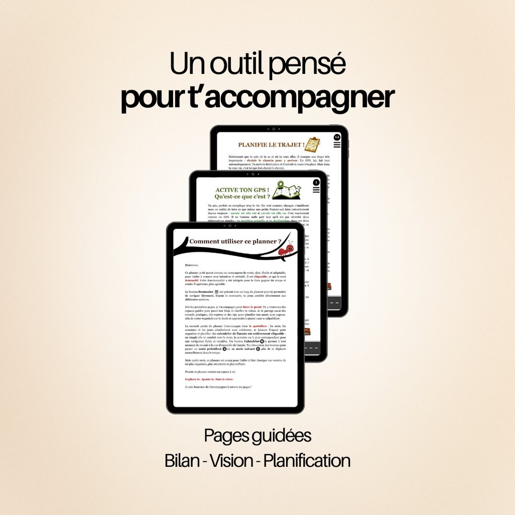 Écrans de tablettes numériques affichant des pages de planification guidée