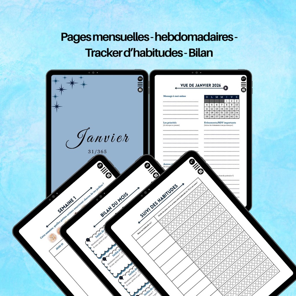 Agenda numérique sur tablettes affichant des pages mensuelles, hebdomadaires et de suivi d'habitudes