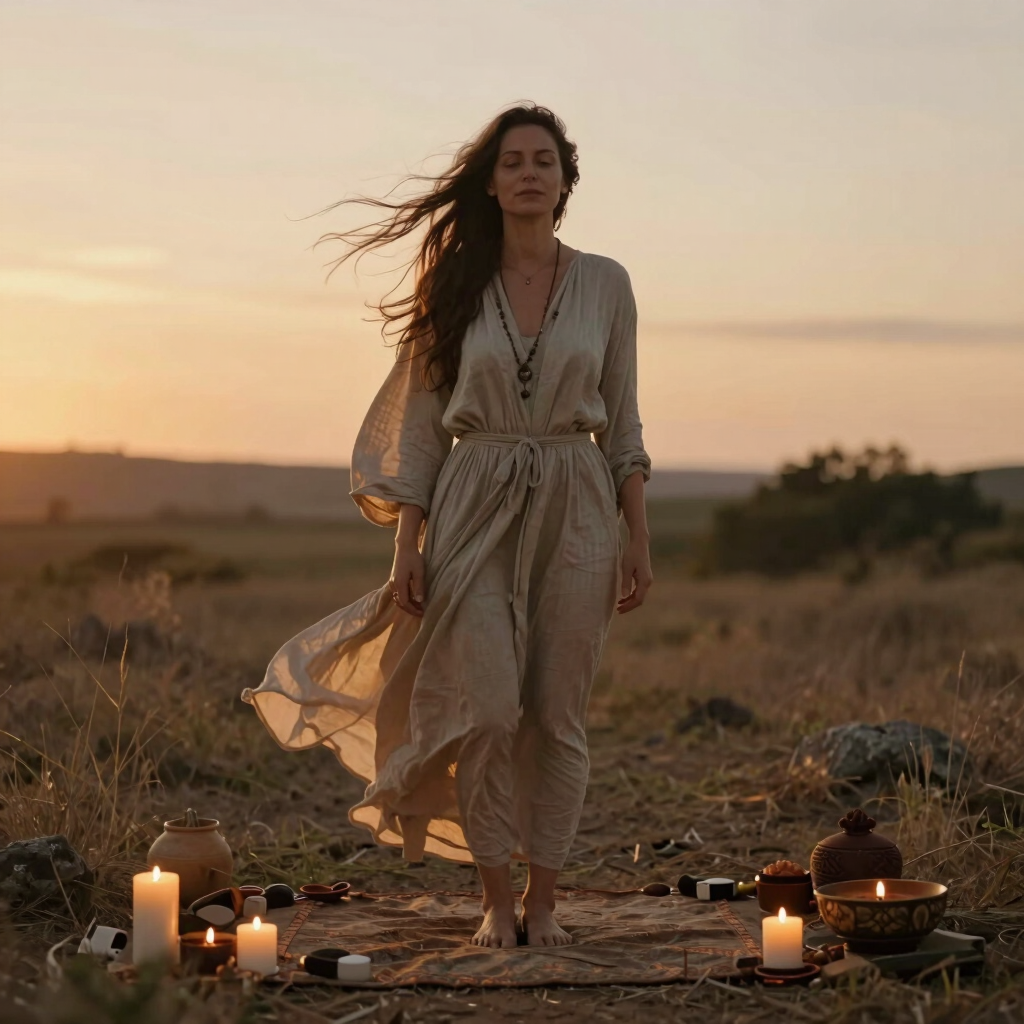 A woman in a flowing dress stands at a spiritual altar with candles and singing bowls at sunset.