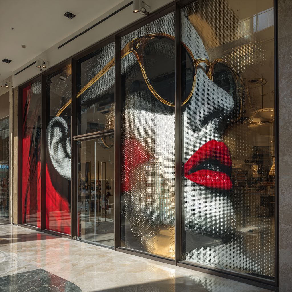a woman's face in a window display