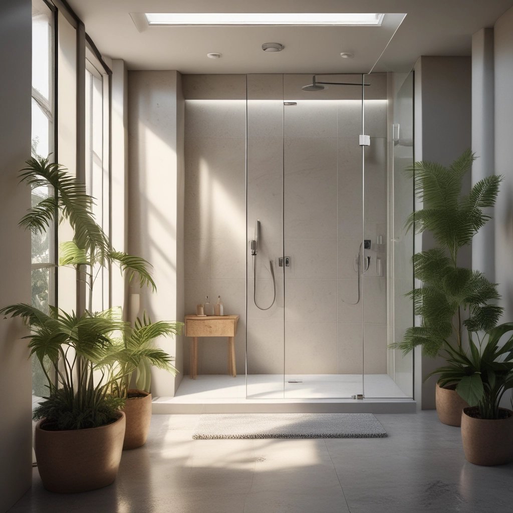 Modern gray bathroom featuring a floating vanity, large mirror, and minimalist stone tile walls.