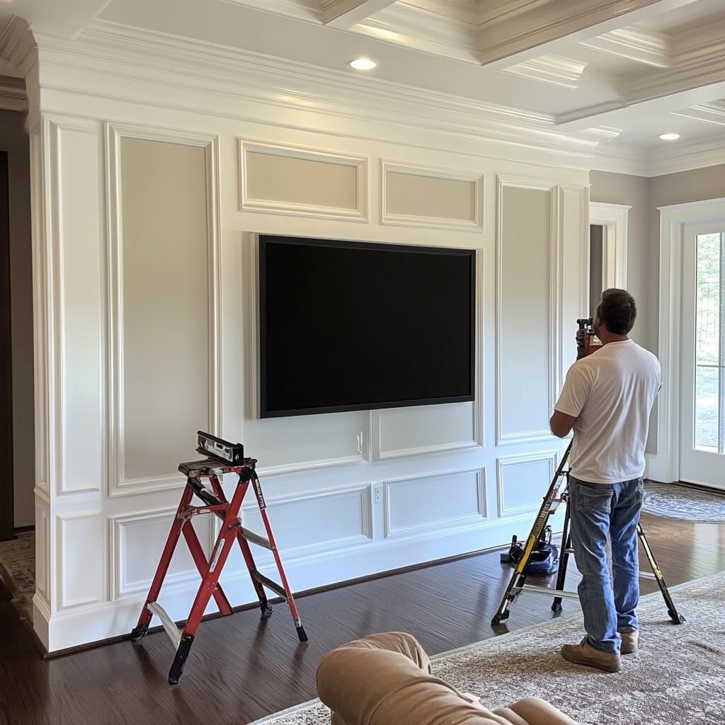 tv installer mounting tv on wood panel wall