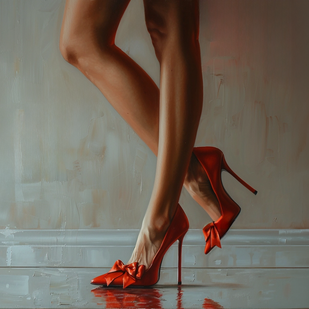 a oil painting of a woman's legs in red shoes