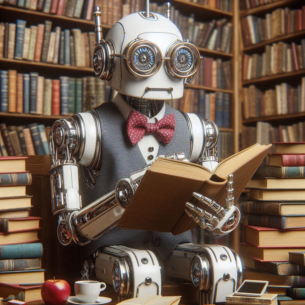 a Librarian AI robot with glasses and a book