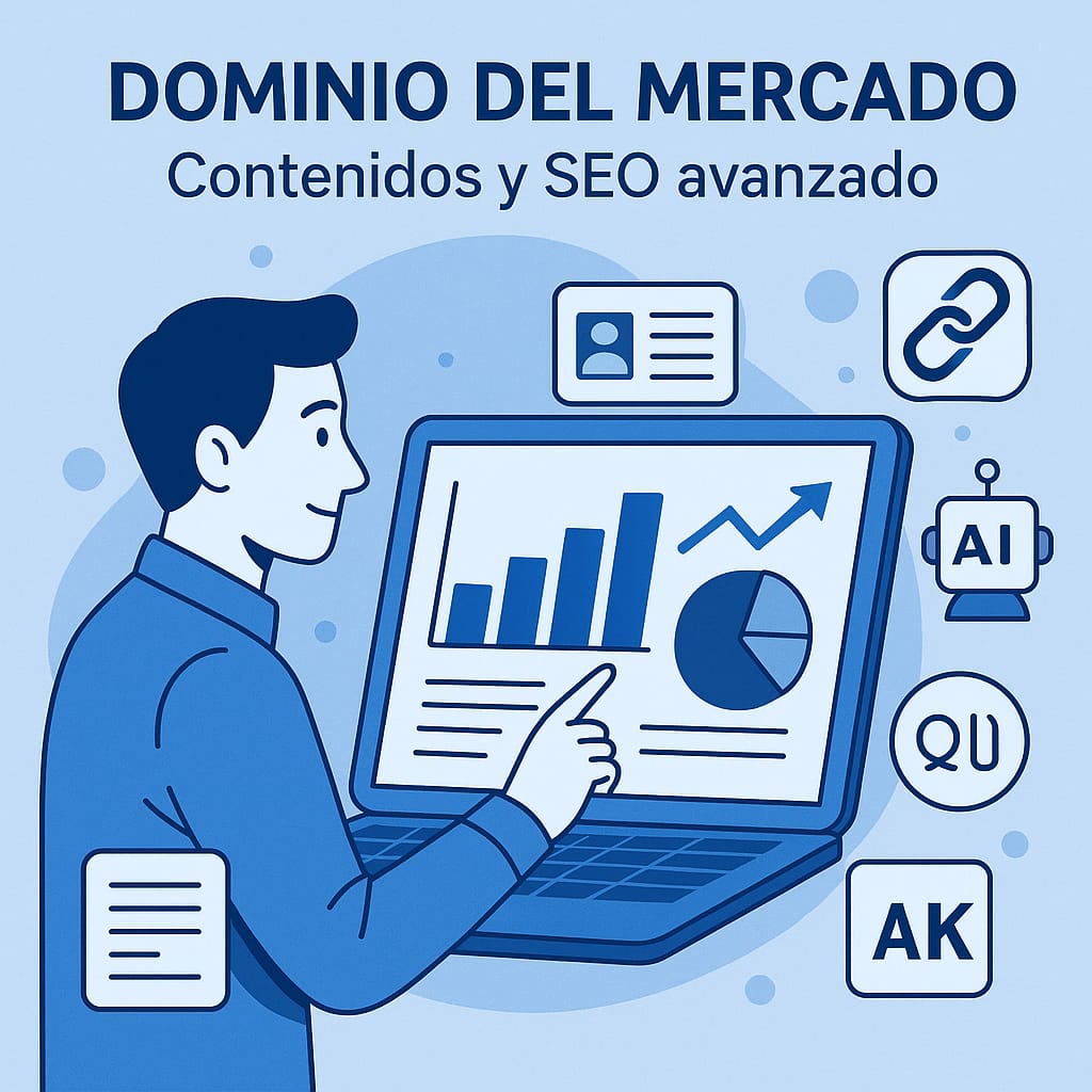 Ilustración de un profesional analizando gráficos en una laptop con iconos de SEO, inteligencia artificial y enlaces. Represe