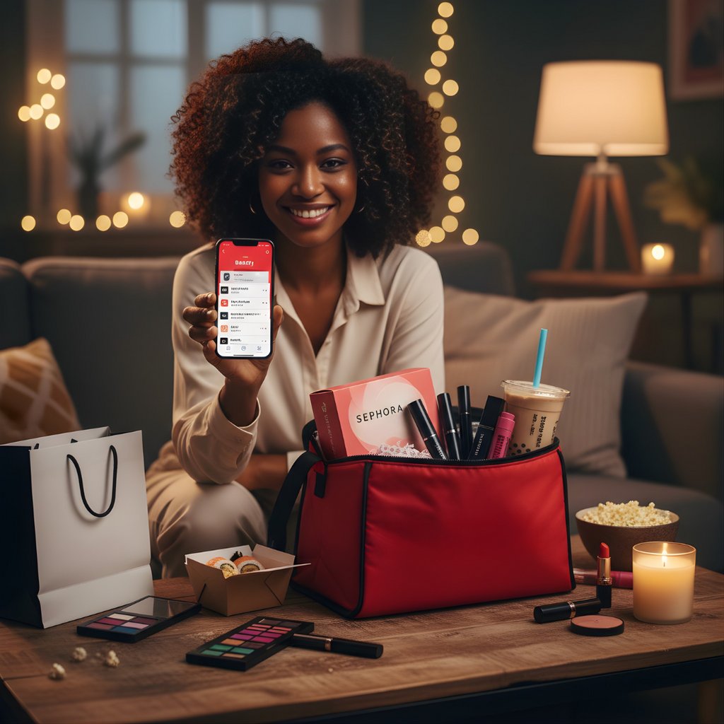 a woman holding a phone and a red bag with cosmetics