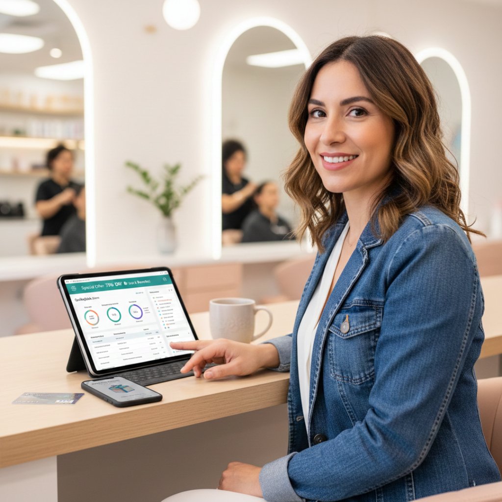 A smiling woman using salon management software on a tablet in a modern hair studio.