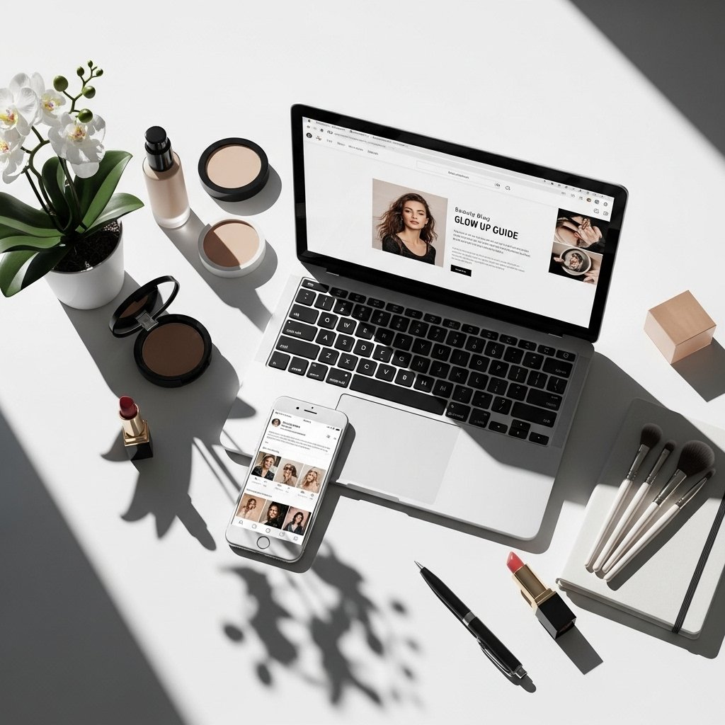 Flat lay of a laptop displaying a beauty blog surrounded by makeup, a smartphone, and white orchids.