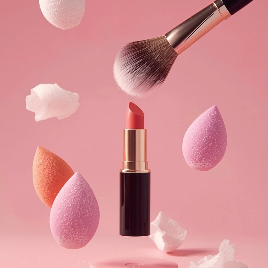 Professional makeup brush, lipstick, and beauty blenders floating over a pink background.