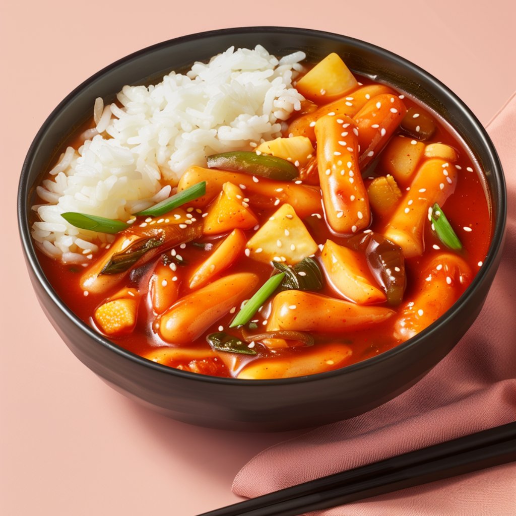 Spicy Korean tteokbokki rice cakes in red chili sauce served with white rice and green onions.