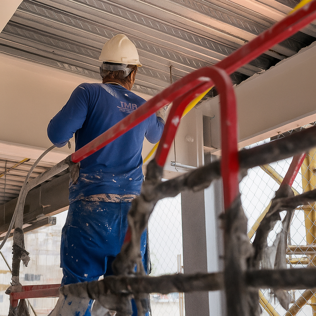 Homem aplicando pintura intumescente em estrutura metálica