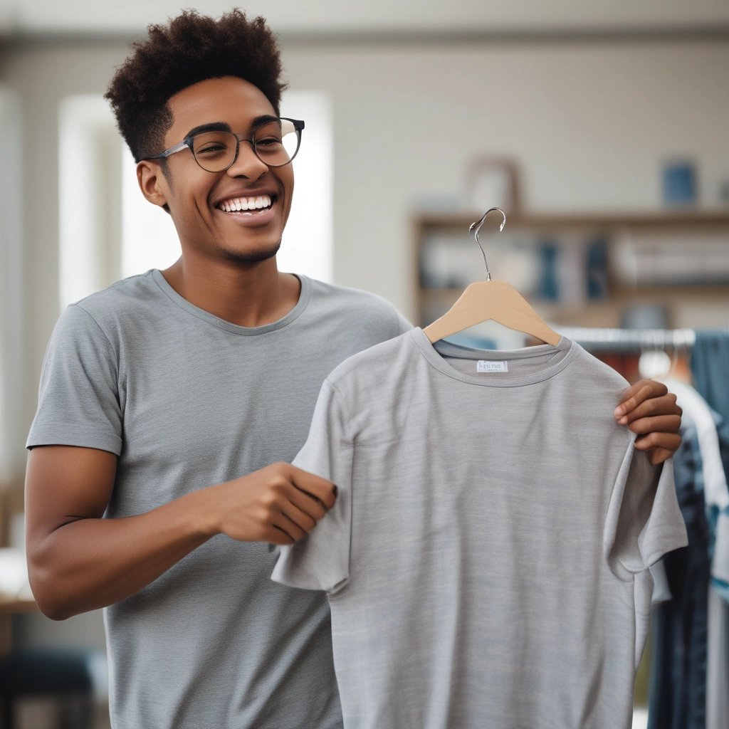 A colorful rack of T-shirts featuring abstract patterns and bold colors is displayed outdoors. The front shirt is bright green with an eye-like design in the center, surrounded by intricate patterns in red and black. Other shirts behind it display varying designs and vibrant colors, adding to the artistic vibe.