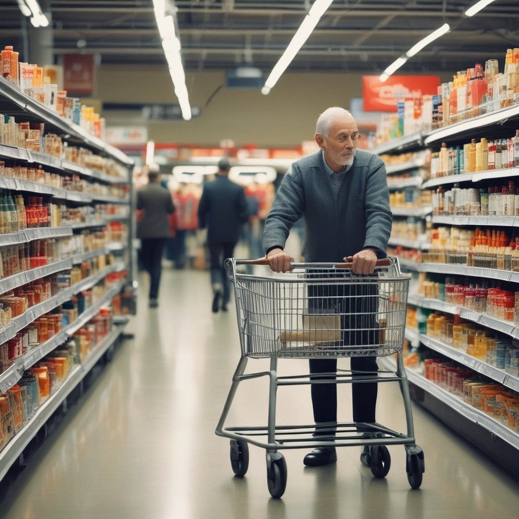 Hombre mayor haciendo la compra en el super mercado de forma autónoma.