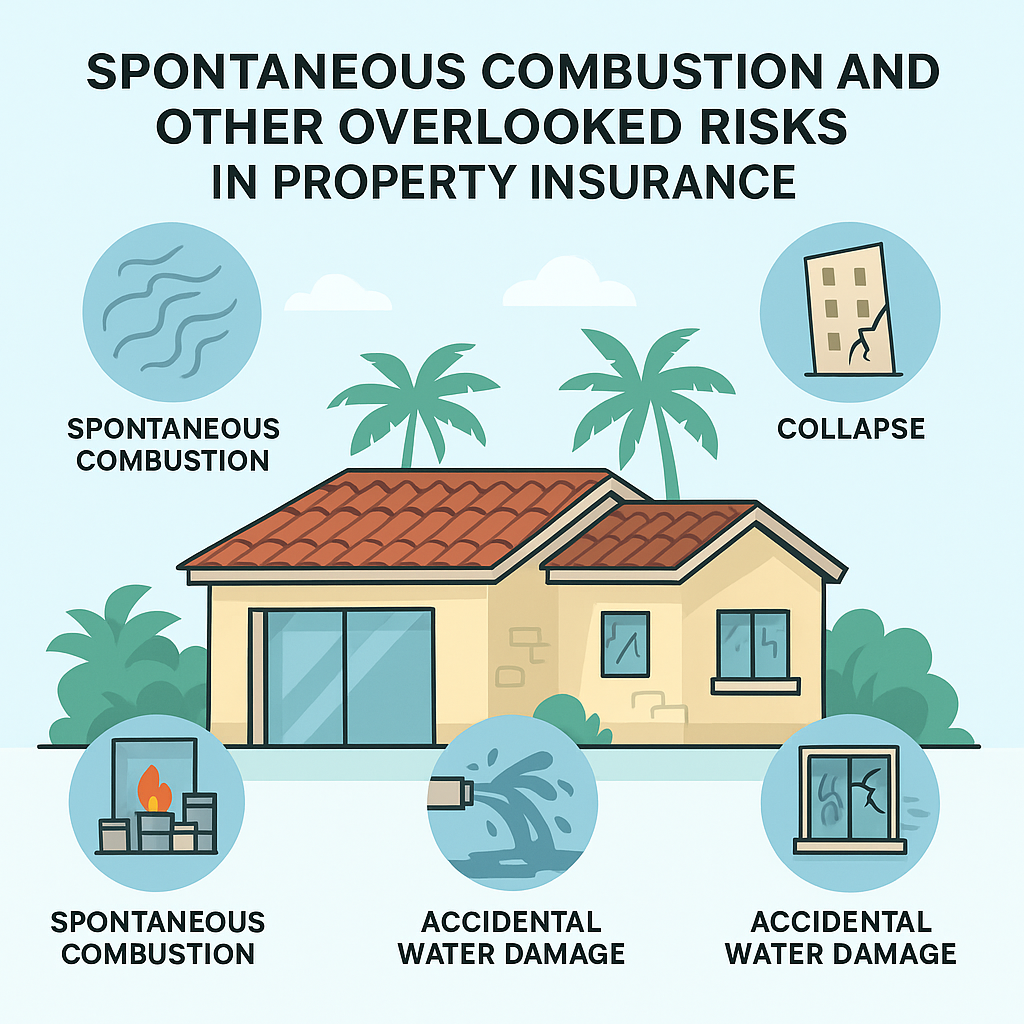 Infographic of a Caribbean villa showing overlooked property insurance risks: fire, smoke, collapse,