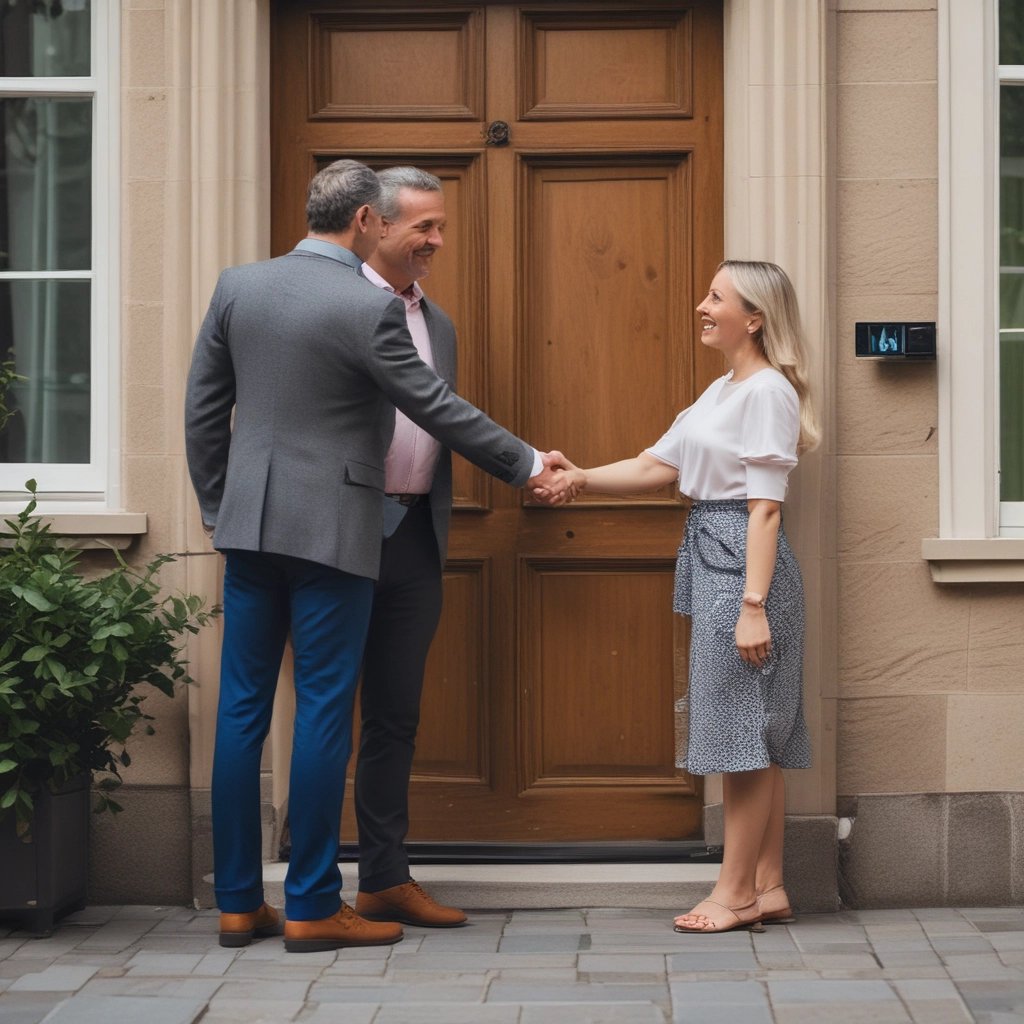 a man and woman shaking hands in front of a door