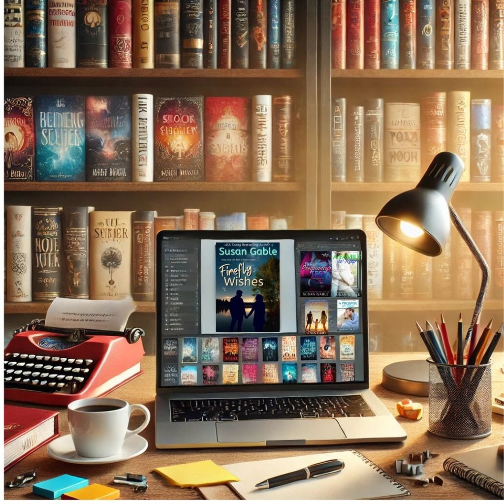 Laptop displaying book covers on a desk with a vintage typewriter and library background.