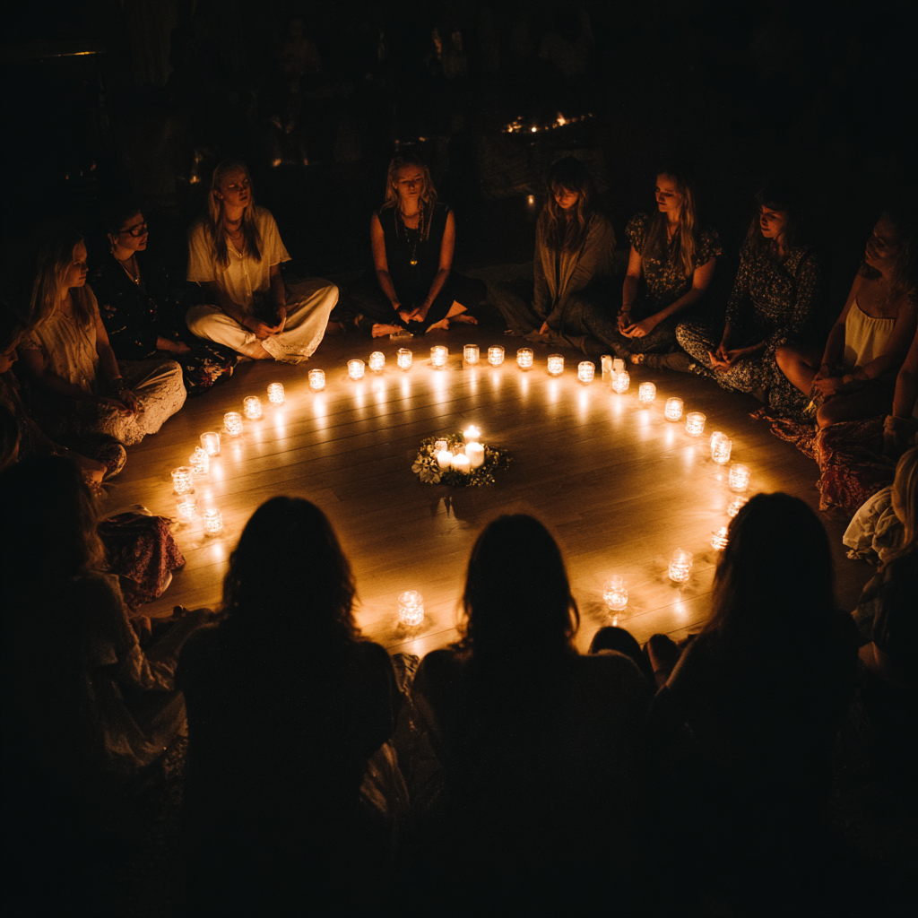 Cercle de femmes réunies autour d'un cercle de bougies dans la pénombre