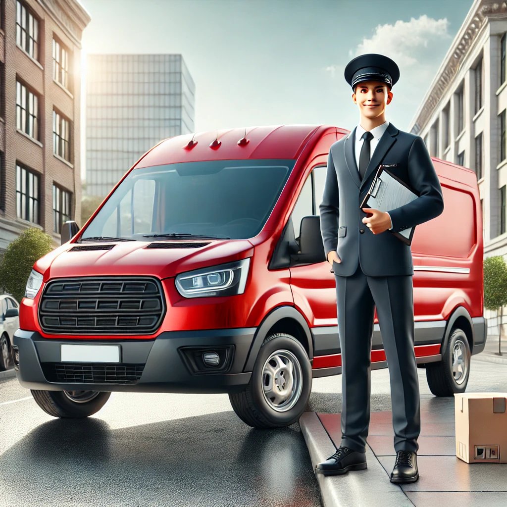 Conductor uniformado sonriendo frente a una furgoneta, representando servicio profesional y conf