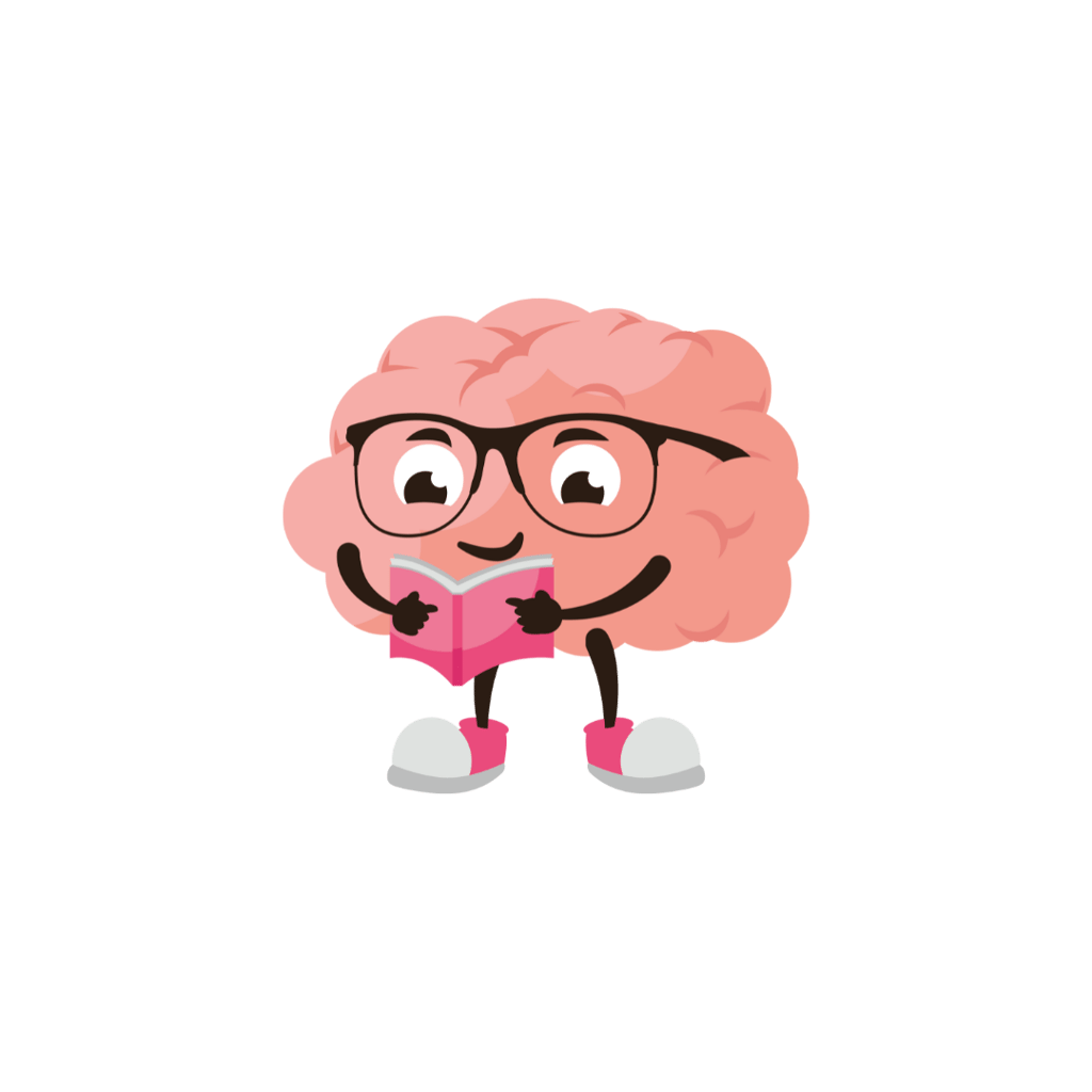 Cérebro com óculos segurando um livro, simbolizando conhecimento e consciência.