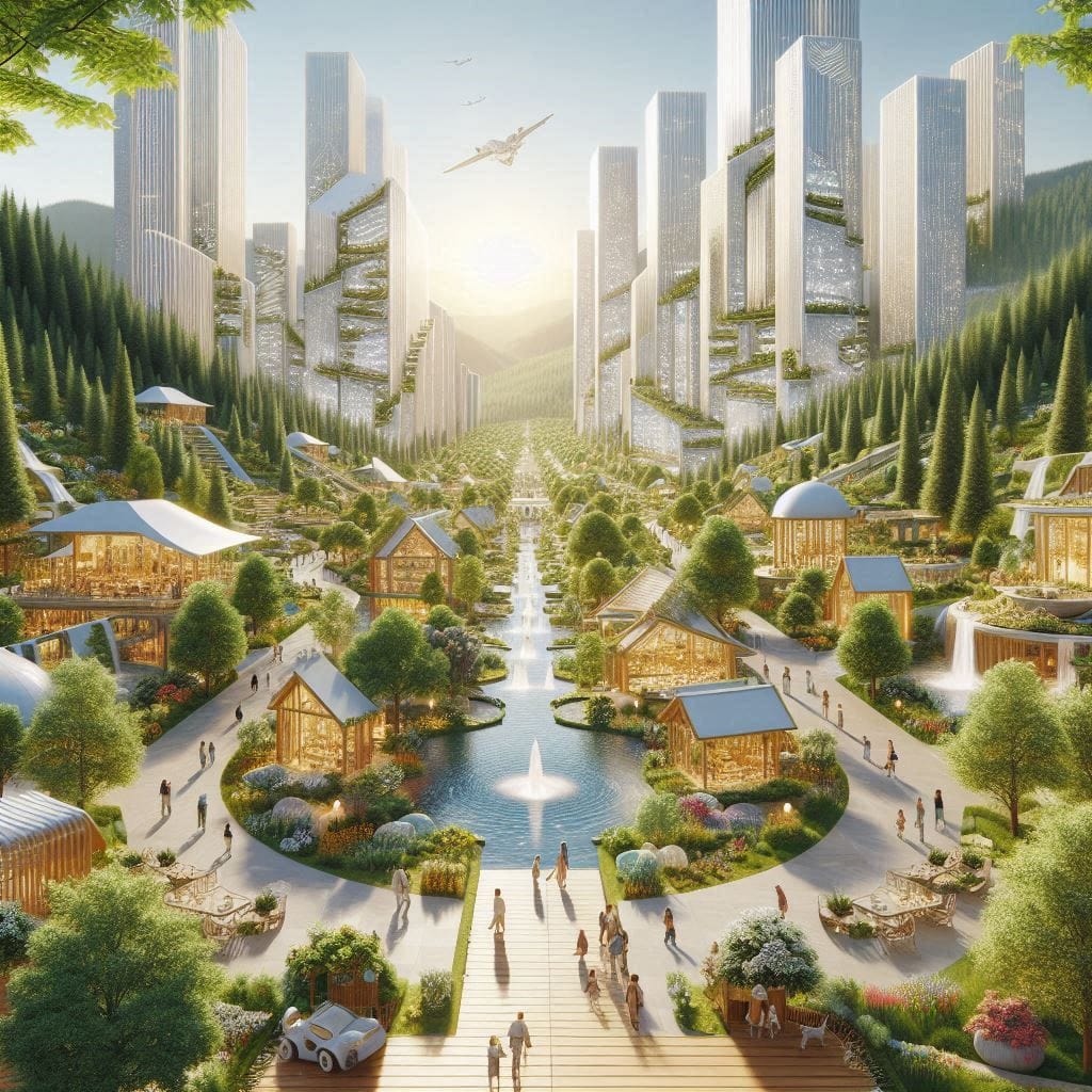 Cidade moderna e futurística com tecnologia e natureza, representando a Comunidade Modelo.