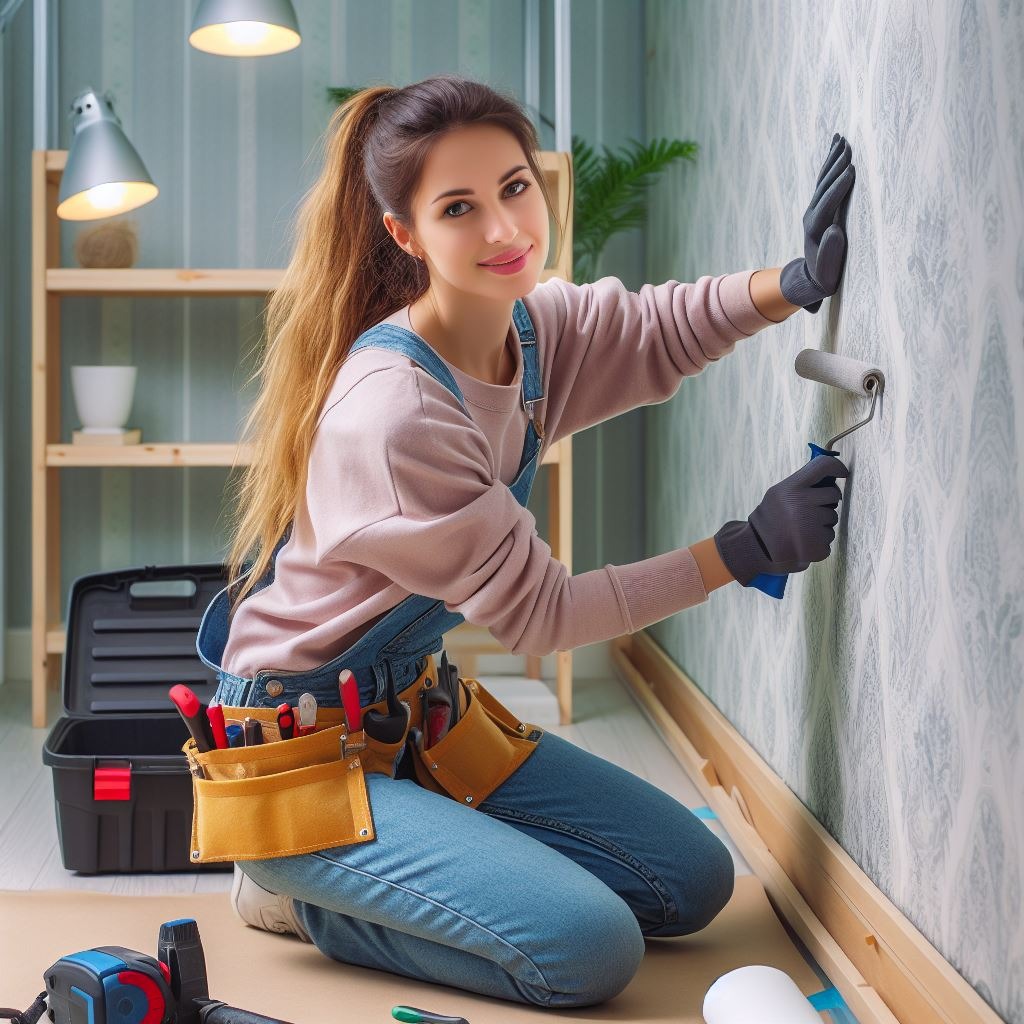 a woman in a workwear suit and a tool belt